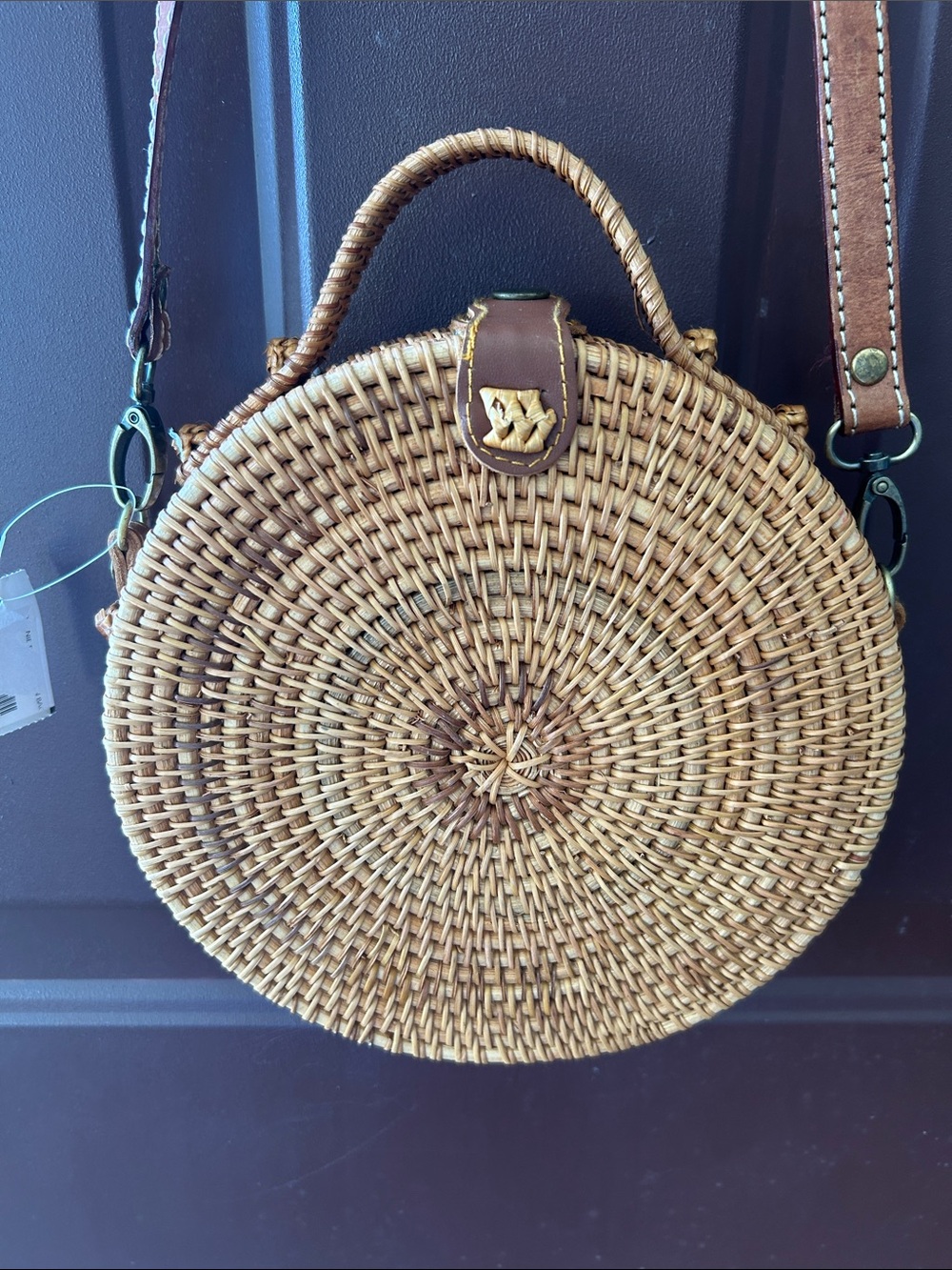Woven Round Straw Crossbody Bag with Brown Leather Strap - Picture 4 of 6